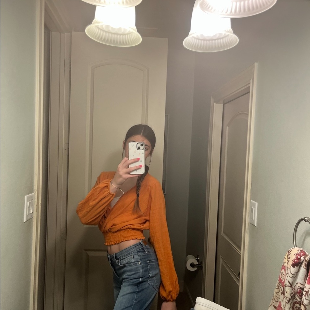 burnt orange v neck long sleeve top